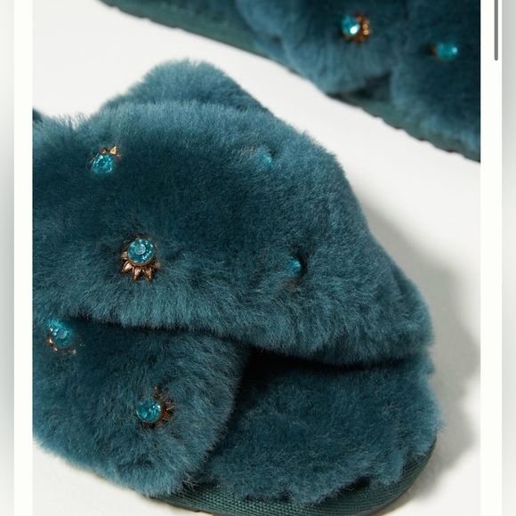 NWOT Emu Australia for Anthropologie Deep Teal Sheepskin Slippers with Gems, US9 - Picture 3 of 8